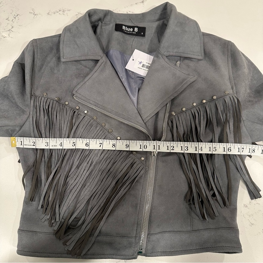 **NWT** Blue B Collection Faux Suede Women's Gray Fringe Jacket - Picture 15 of 15